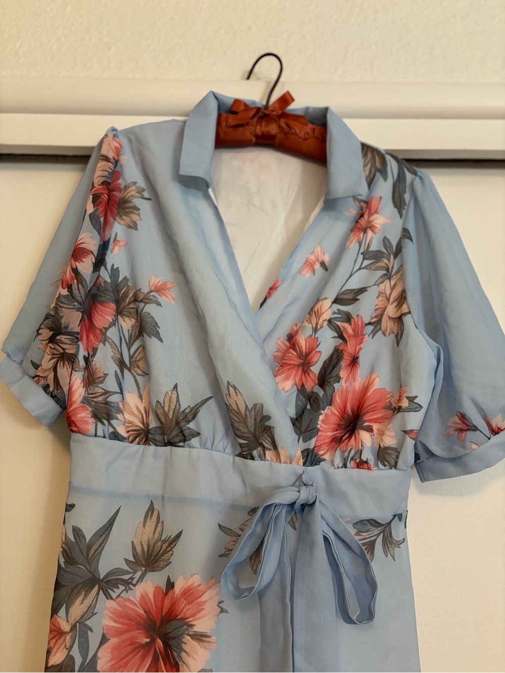 Light Blue Floral Wrap Dress with Tie Waist - Picture 2 of 4